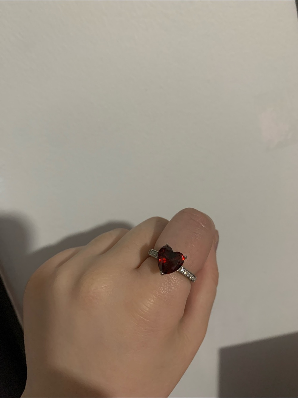 REAL STERLING SILVER Red Heart Gemstone Ring with Pavé Band - Women Jewelry